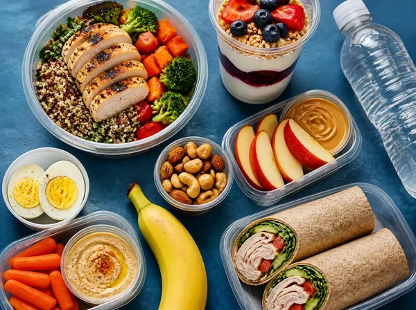 Overhead view of better-for-you grab-and-go items including a grilled chicken quinoa bowl, berry yogurt parfait, hard-cooked eggs, mixed nuts, apple slices, carrots with hummus, a banana, and a turkey wrap