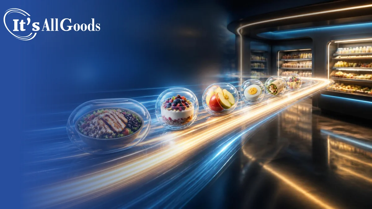 Glowing express lane carrying a protein bowl, yogurt parfait, sliced apple, hard-cooked egg, and wrap in glass capsules through a modern convenience store