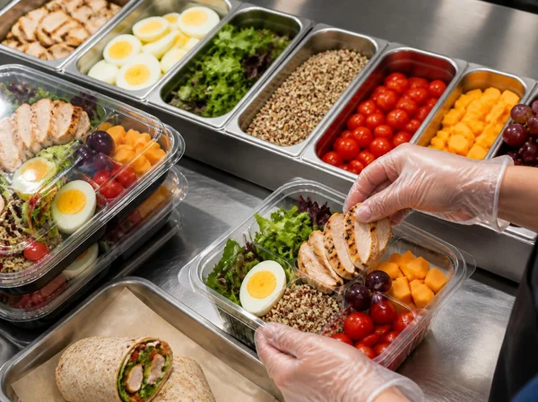 Gloved hands assembling a protein snack box from shared pans of grilled chicken, hard-cooked eggs, greens, quinoa, tomatoes, and cheese at a convenience-store prep station