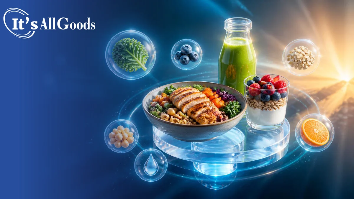 Glass pedestal displaying a protein bowl, yogurt parfait, and green functional drink, orbited by glowing ingredient spheres against an amber horizon