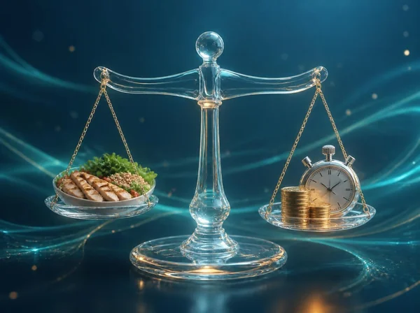 Glass balance scale holding a grilled chicken and greens bowl on one side and a stack of gold coins with a stopwatch on the other, perfectly level against a blue and teal background
