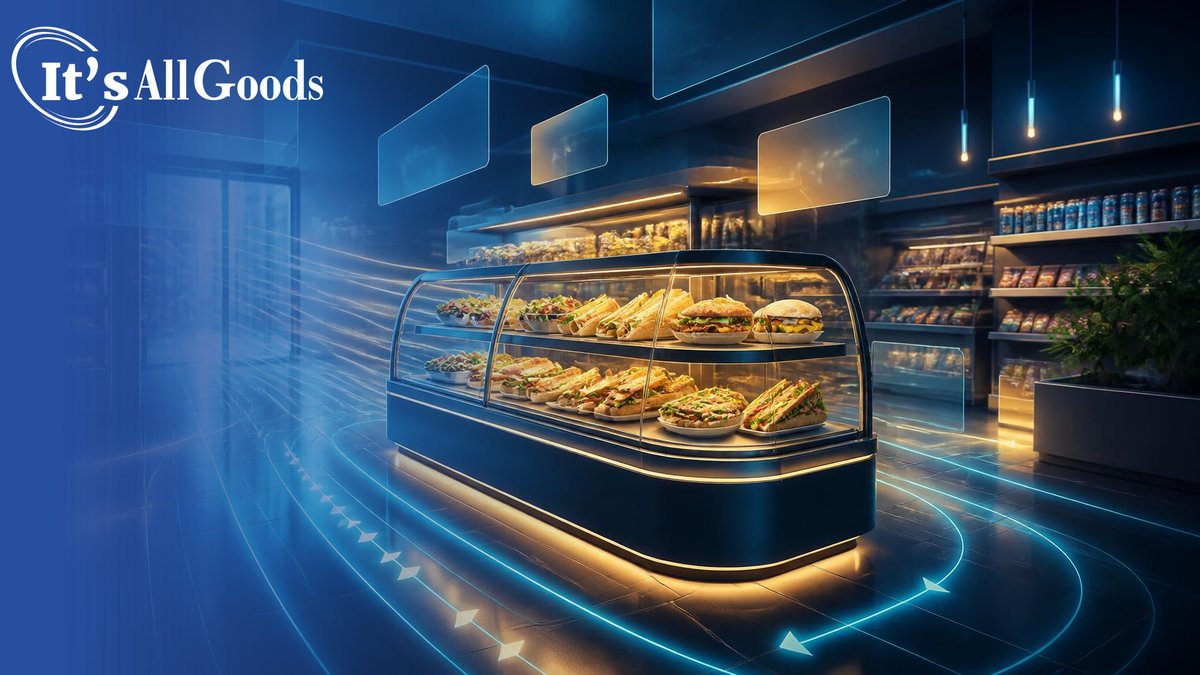 Glowing fresh-food display case of sandwiches and wraps at the center of a modern convenience store, with light trails leading from the entrance to the food under blue and amber lighting