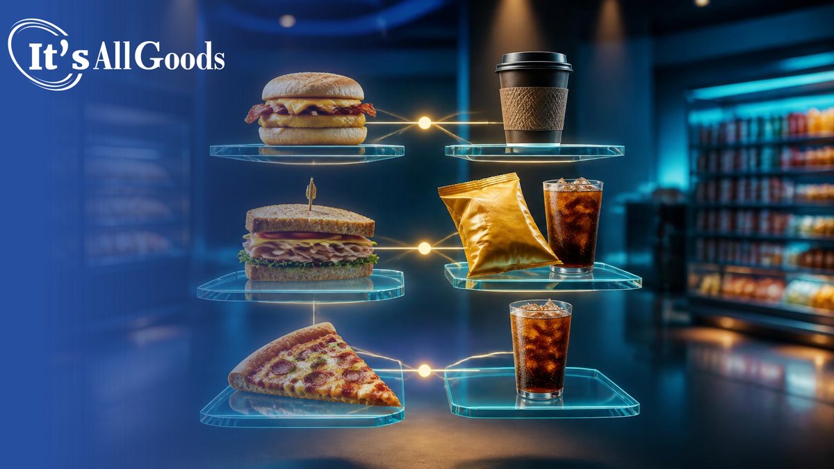 Floating glass shelves of convenience foods arranged in glowing pairings, including a breakfast sandwich with coffee, a sandwich with chips and a soda, and a pizza slice with a soda, in a blue-lit store