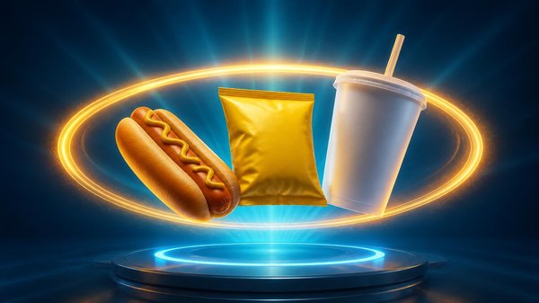 A hot dog, a bag of chips, and a fountain drink floating together inside a single glowing amber ring above a lit platform, representing a simple meal bundle