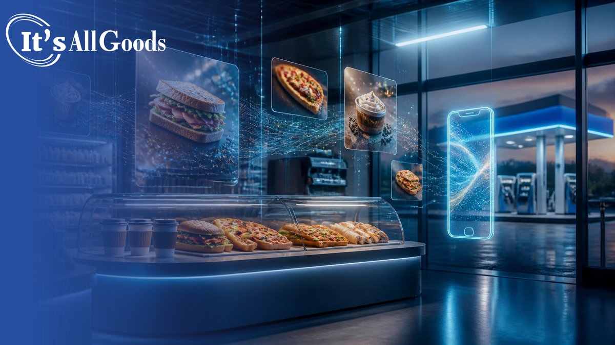 Glowing convenience-store food counter with sandwiches, pizza, and coffee beneath floating digital display panels of food imagery, with data streams, a holographic smartphone, and fuel pumps visible through the front glass