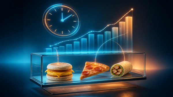 Glass display case holding a breakfast sandwich, a pizza slice, and a wrap, with glowing data lines rising to a bar chart and a clock behind it, representing data-driven merchandising by daypart