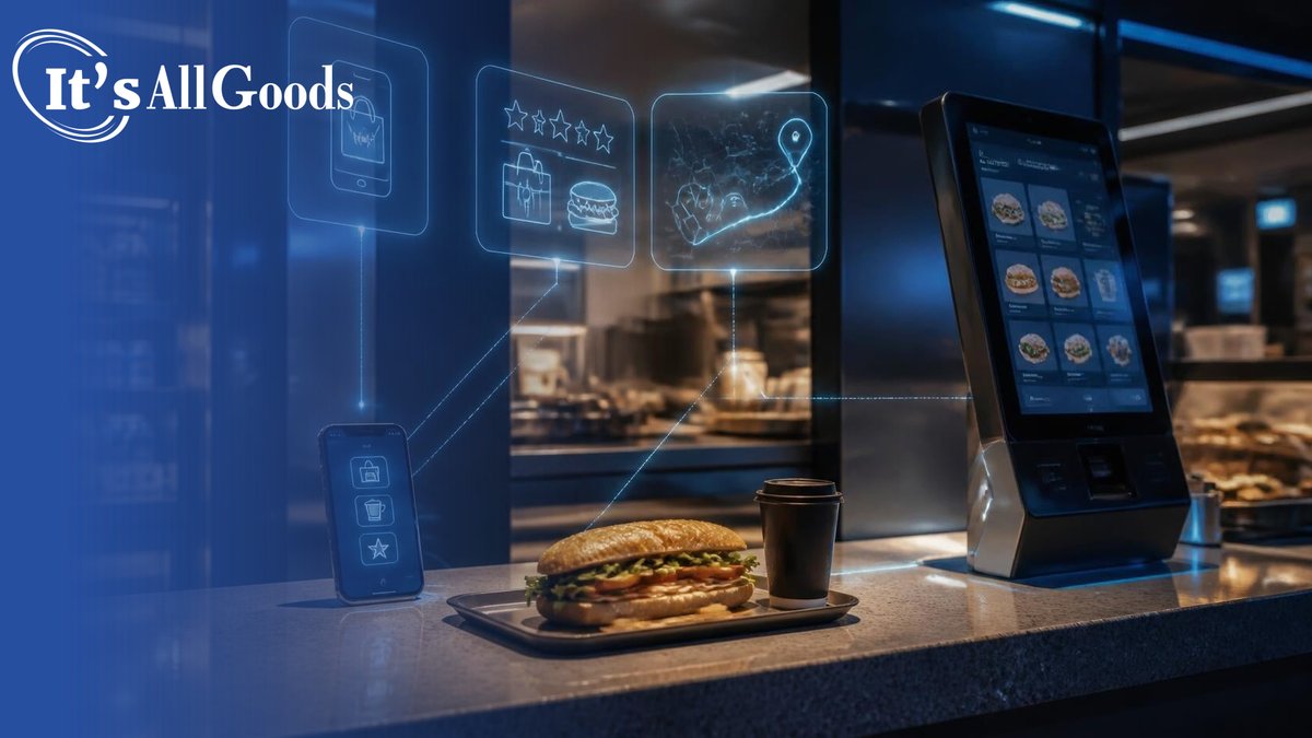 Convenience store food counter at night with a sandwich and coffee beside a self-order kiosk, as glowing holographic panels for mobile ordering, loyalty rewards, and delivery connect a smartphone to the kitchen