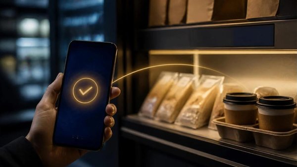Hand holding a smartphone showing a glowing order-confirmed checkmark, with a light trail leading to wrapped sandwiches and coffee cups waiting on a lit pickup shelf