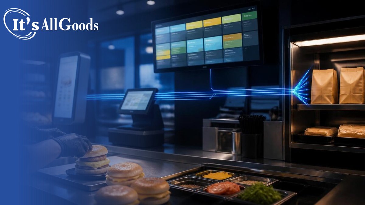 Convenience store prep counter during the morning rush, with gloved hands assembling breakfast sandwiches as glowing data lines connect a self-order kiosk, register, and kitchen display screen to a pickup shelf of bagged orders