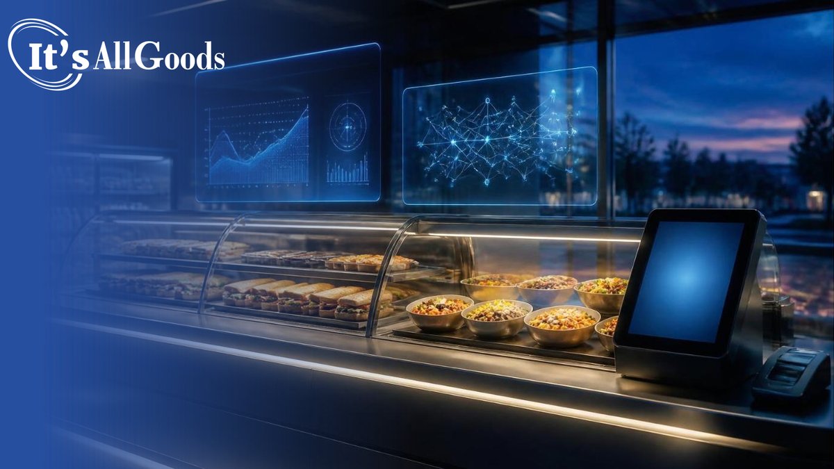 Convenience store fresh-food counter at dusk with sandwiches and grain bowls in a glass case beneath glowing holographic panels showing a forecast chart and a neural network, beside a single ordering screen