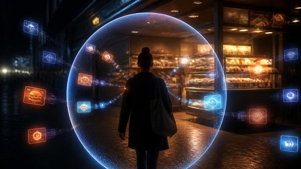 Shopper seen from behind walking toward a lit convenience store food counter inside a glowing protective bubble, as floating offer cards drift toward her and only a few pass through