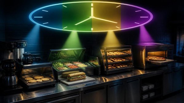 Convenience store kitchen line beneath a glowing clock divided into colored segments, each casting light on the equipment used at that time of day, from the coffee brewer and breakfast warmer to the sandwich station, pastry case, and pizza oven