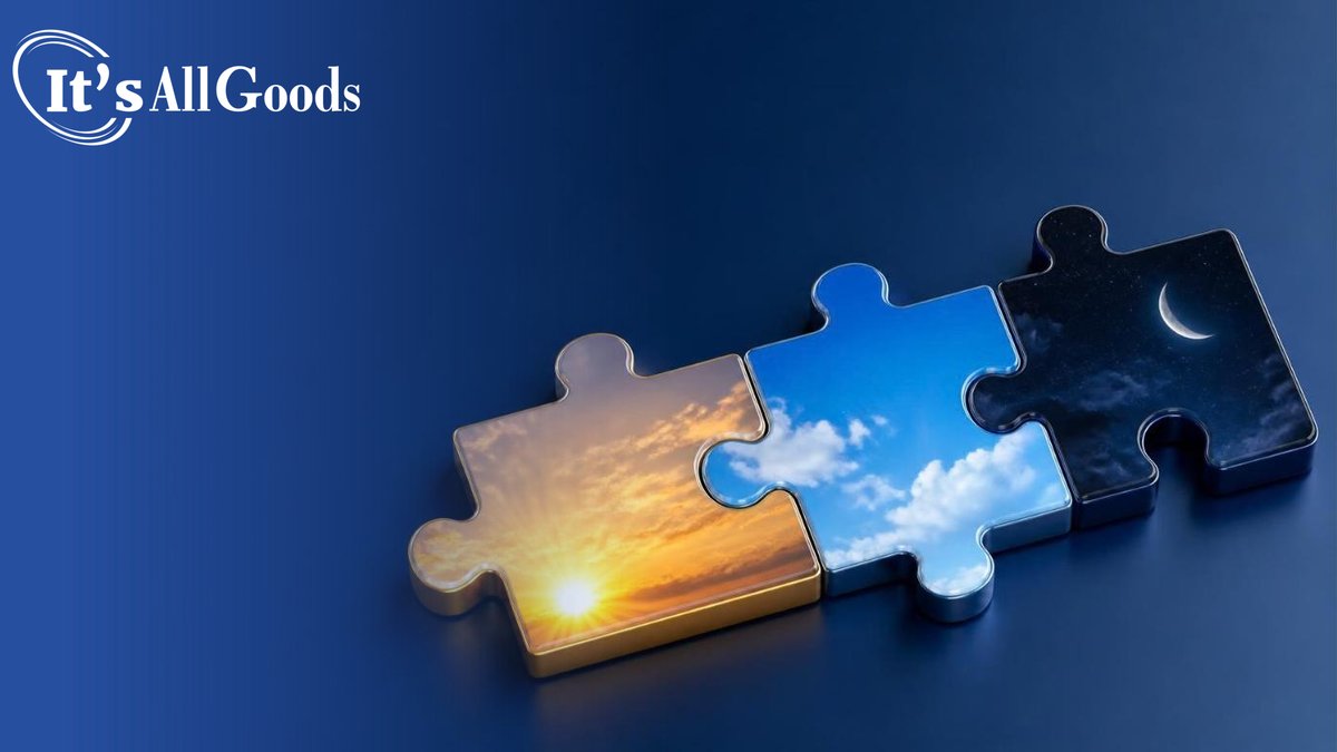 Three glossy puzzle pieces locked together on a deep blue surface, showing a golden sunrise, a bright midday sky, and a starry night sky with a crescent moon