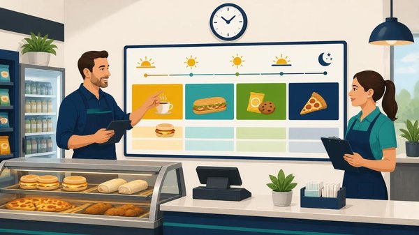 Illustration of a convenience store manager and employee reviewing a daypart planning board with breakfast, lunch, snack, and dinner blocks beneath a wall clock, beside a hot case of breakfast sandwiches and pizza