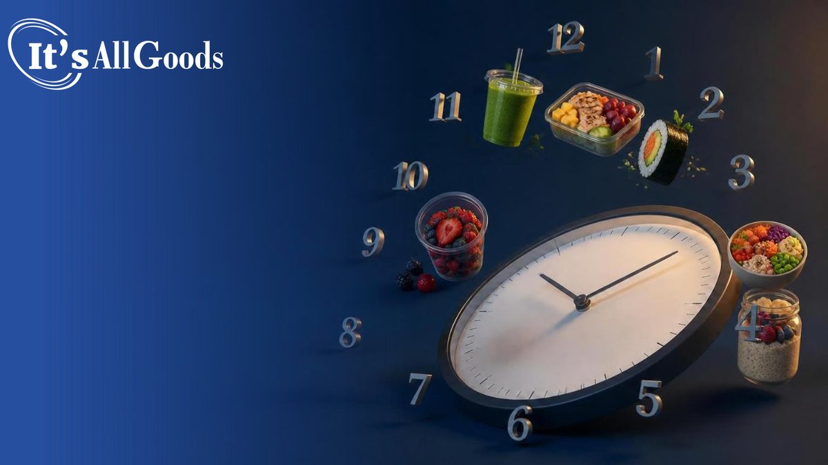 Tilted clock face on a deep blue background with its numbers floating free among a green smoothie, a protein box, a sushi roll, a cup of berries, a poke bowl, and a jar of overnight oats