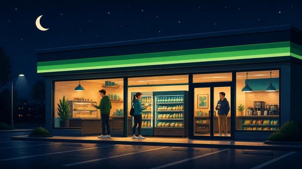 Illustration of a brightly lit convenience store at night under a crescent moon, with customers choosing a pizza slice from the hot case, a snack from the cooler, and a coffee