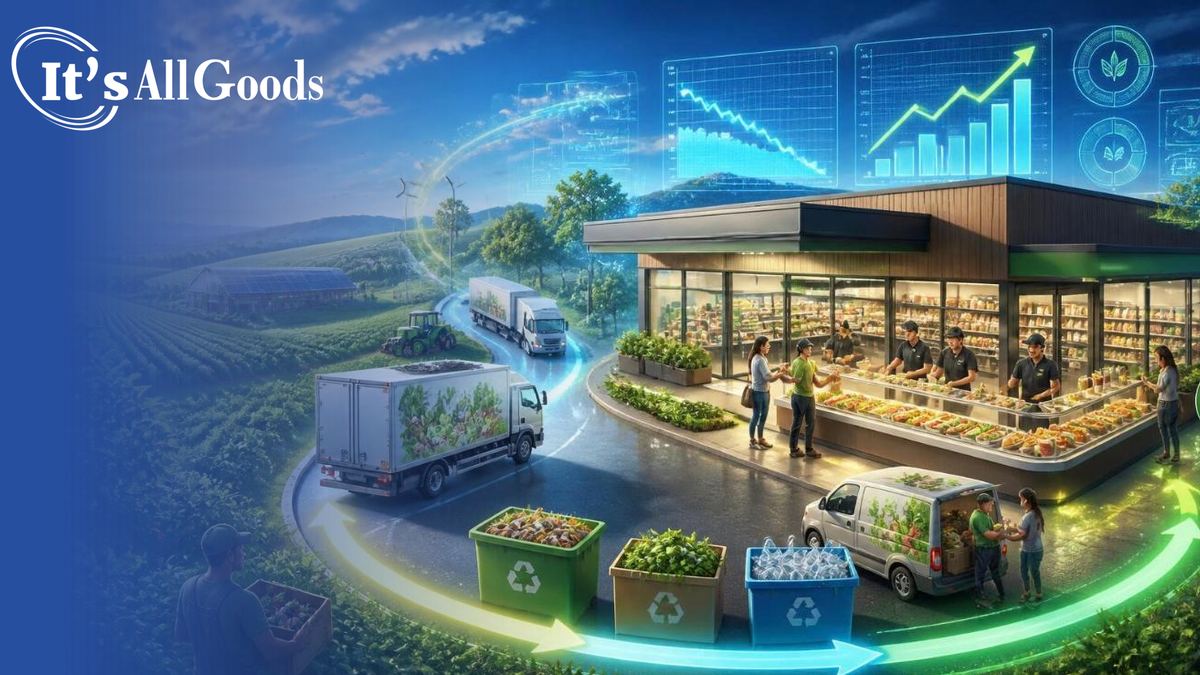Illustrated landscape of a sustainable food loop, with farm fields and delivery trucks leading to a convenience store foodservice counter, then compost, recycling, and a food donation van circling back toward the fields beneath charts showing falling costs and rising margins
