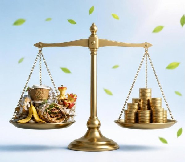 Brass balance scale holding food waste such as wrappers, a coffee cup, a banana peel, and apple cores on one side and stacks of gold coins on the other, with green leaves drifting around it