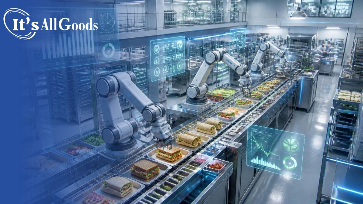Illustration of a bright, high-tech food production kitchen where robotic arms portion fresh sandwiches, wraps, and salads into containers on a conveyor, with floating displays showing timers, forecasts, and falling waste