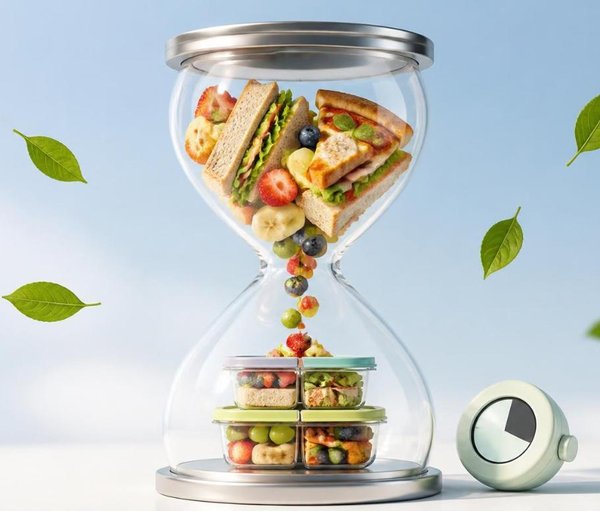 Glass hourglass with fresh sandwiches, pizza, and fruit flowing in a controlled stream into neatly portioned containers, beside a small timer and drifting green leaves