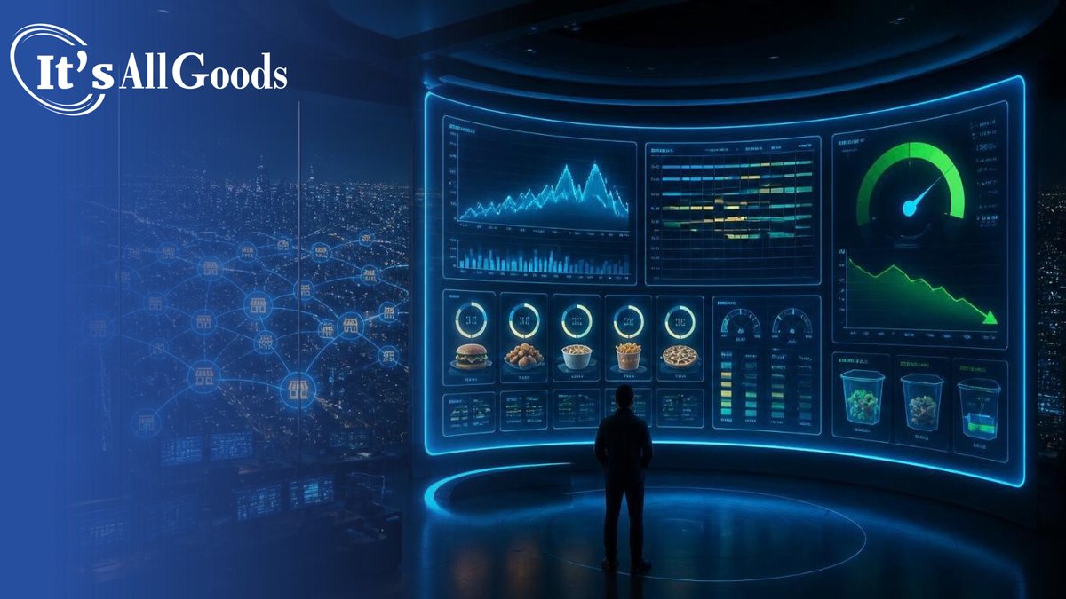 Illustration of a dark operations center where a person stands before a curved wall of glowing screens showing demand forecasts, food timers, and a waste gauge, beside a window overlooking a night city with connected store locations