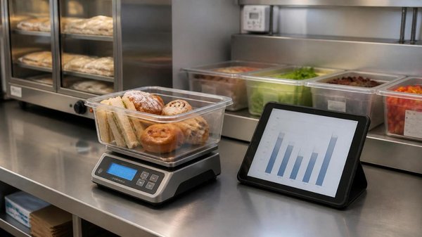 Clear bin of unsold sandwiches and pastries on a digital scale on a stainless steel prep counter, beside a tablet showing a waste-log bar chart