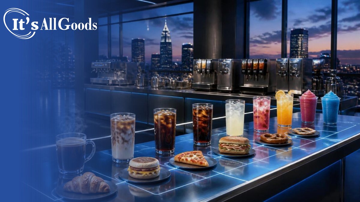 Illustration of a long illuminated beverage counter at dusk, where hot coffee, iced coffee, cola, lemonade, fruit refreshers, and frozen drinks each sit beside a croissant, breakfast sandwich, pizza slice, deli sandwich, or pretzel, beneath coffee and fountain machines and a city skyline