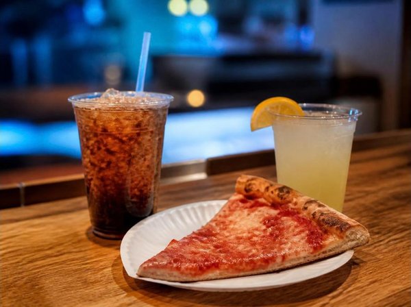 Fountain soda with ice and a straw beside a slice of pizza on a paper plate, with a lemonade and lemon wedge on a wooden counter