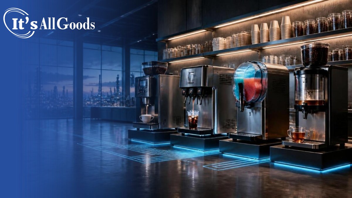 Illustration of a row of stainless steel beverage machines on lit platforms in a modern lab at dusk, with a bean-to-cup brewer pouring coffee, a fountain filling a cup of cola over ice, a frozen drink barrel, and a tea brewer, beneath shelves of cups and coffee bean jars