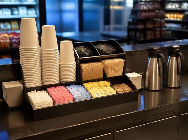 Self-serve coffee condiment station with stacked paper cups, lids, sleeves, stir sticks, sweetener packets in tidy bins, and two stainless thermal coffee carafes on a dark counter
