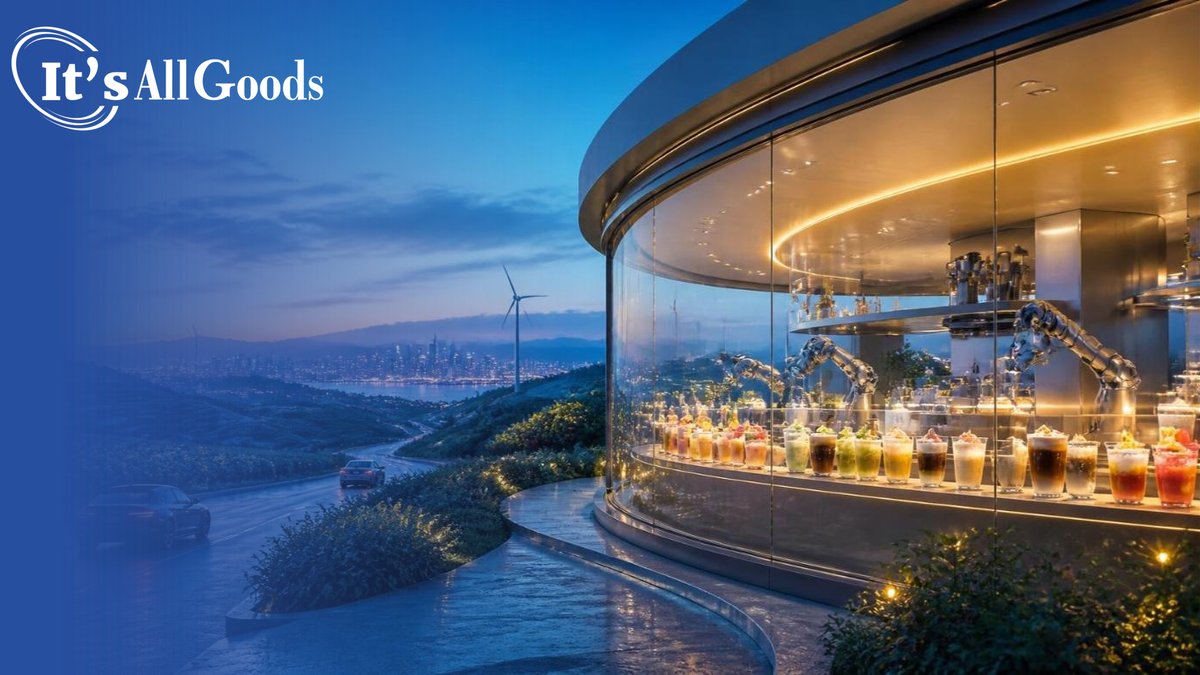 Illustration of a curved glass beverage pavilion at dawn where robotic arms prepare a long bar of colorful iced coffees, refreshers, and smoothies, beside a winding road with cars, fields, wind turbines, and a distant city skyline