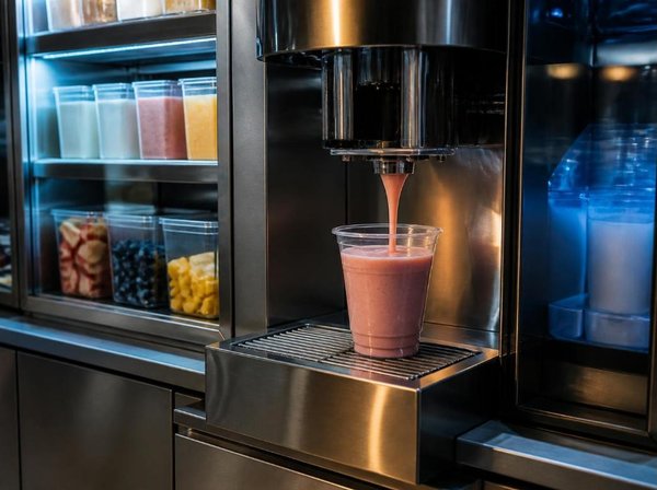Stainless steel made-to-order beverage machine pouring a pink fruit smoothie into a clear cup, with containers of fruit and milk behind glass