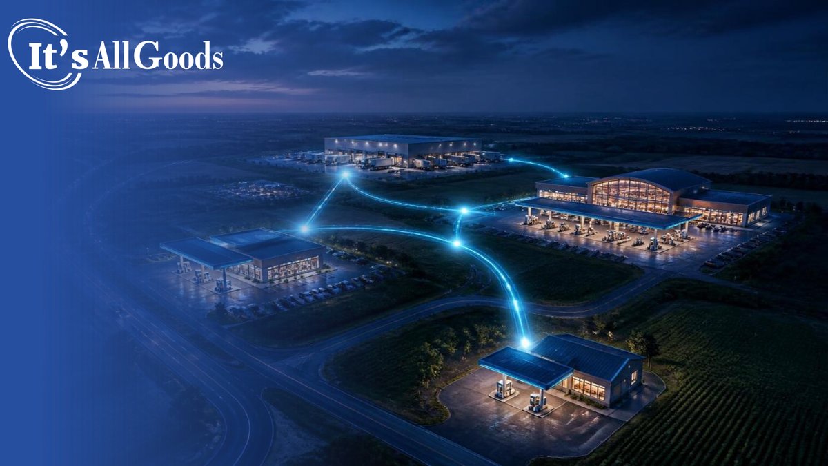 Aerial illustration at dusk of a highway landscape where a large flagship travel center, a mid-size convenience store, and a small rural independent store with fuel canopies are linked by glowing blue routes to a central distribution center