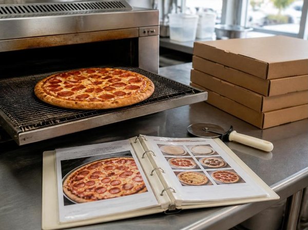 Fresh pepperoni pizza coming out of a conveyor oven on a stainless steel prep counter beside a stack of pizza boxes, a pizza cutter, and an open binder of recipe cards