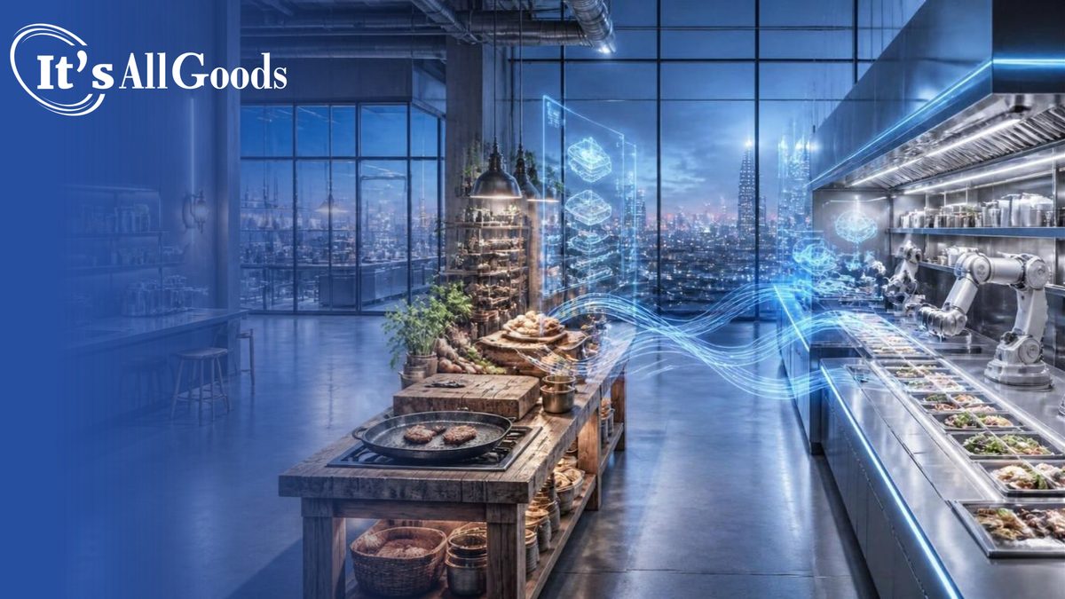 Illustration of a bright futuristic test kitchen at dusk where a rustic wooden station with a griddle and fresh produce faces a stainless automated line with robotic arms and portioned trays, linked by flowing blue light, with city views through tall windows