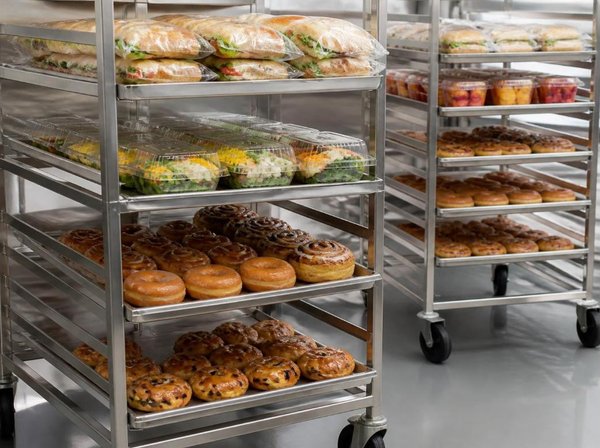 Stainless steel rolling racks in a food production facility holding wrapped deli sandwiches, packaged salads, fruit cups, donuts, and cinnamon rolls ready for delivery