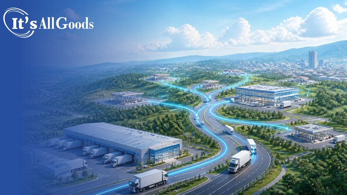 Illustration of a bright regional landscape where refrigerated trucks leave a food distribution hub along highways traced by glowing blue route lines toward convenience stores of different sizes, a food-focused flagship store, and a city under a blue sky