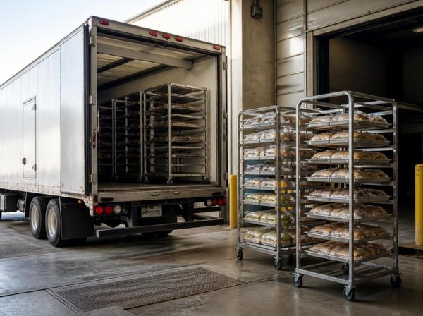 Refrigerated delivery truck with open rear doors at a distribution center loading dock, with stainless steel rolling racks of wrapped sandwiches staged beside it