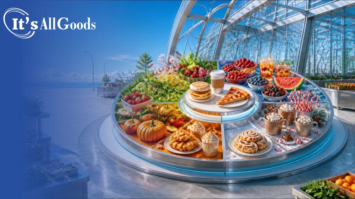 Illustration of a sunlit glass pavilion where a large circular food carousel divided into spring, summer, autumn, and winter sections of seasonal foods surrounds a raised center holding a breakfast sandwich, a slice of pizza, and a cup of coffee