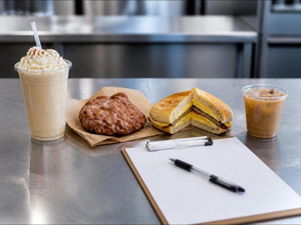 Seasonal test items on a stainless steel kitchen counter, including a pumpkin milkshake with whipped cream, an apple fritter, a halved breakfast sandwich, and an iced chai, beside a clipboard and pen for tasting notes