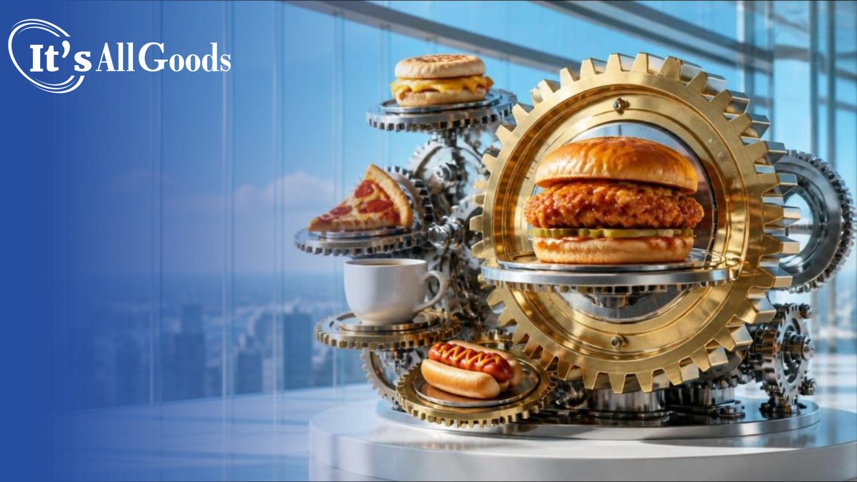 Illustration of polished interlocking brass and chrome gears in a sunlit glass atrium, each carrying a food item such as a breakfast sandwich, pizza slice, coffee, and hot dog, with a new crispy chicken sandwich on the largest gear
