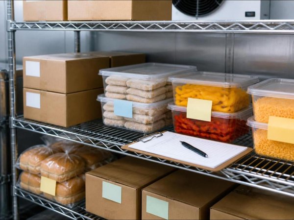 Organized walk-in cooler shelves holding labeled containers of breaded chicken, sliced peppers, and shredded cheese, bagged buns, and cardboard cases, with a clipboard checklist and pen on the middle shelf