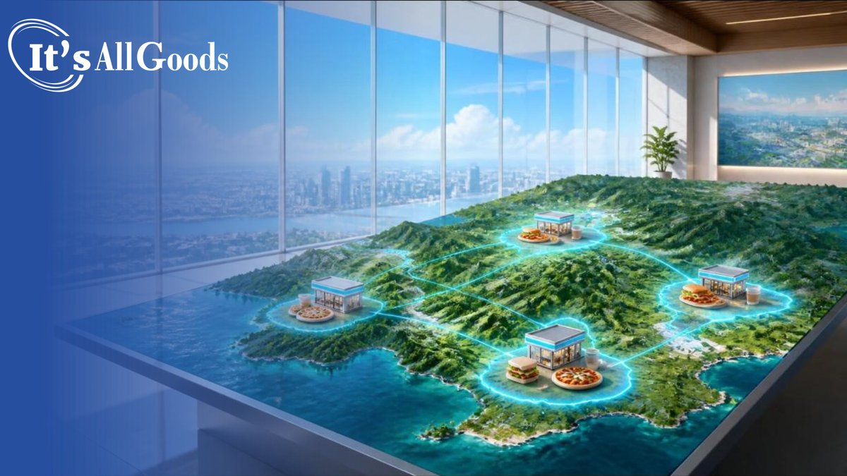 Illustration of a sunlit glass-walled planning room above a city, where a large relief map of a green coastal region on a table shows miniature convenience stores with pizzas, sandwiches, and coffee glowing in a few test-market areas connected by blue lines
