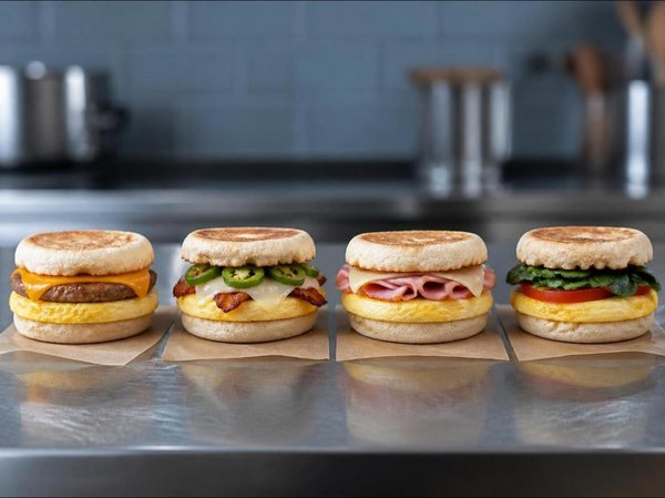Four breakfast sandwiches in a row on a stainless steel counter, each on the same toasted English muffin and egg base with a different filling: sausage and cheddar, bacon and pepper jack with jalapeños, ham and Swiss, and spinach with tomato