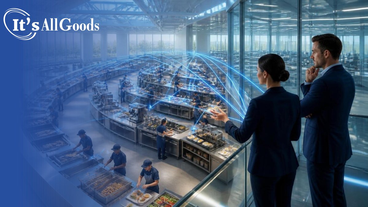 Illustration of two leaders on a sunlit glass mezzanine overlooking a large, bright foodservice kitchen hall where team members in navy aprons work at curved rows of cooking and prep stations, connected to the mezzanine by glowing blue lines