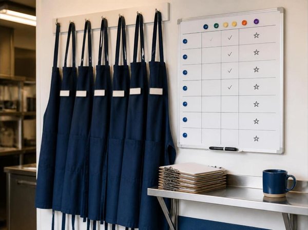 Row of navy aprons with blank name badges hanging on hooks in a convenience store kitchen beside a magnetic shift board marked with checkmarks and stars, above a steel shelf holding clipboards and a blue mug