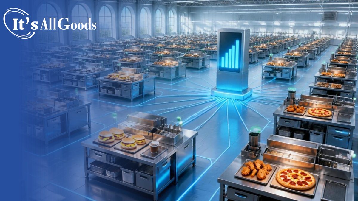 Illustration of a bright, high-ceilinged foodservice hall with rows of identical stainless steel kitchen stations holding breakfast sandwiches, fried chicken tenders, and pizza, connected by glowing blue floor lines to a central scoreboard pillar showing rising bars