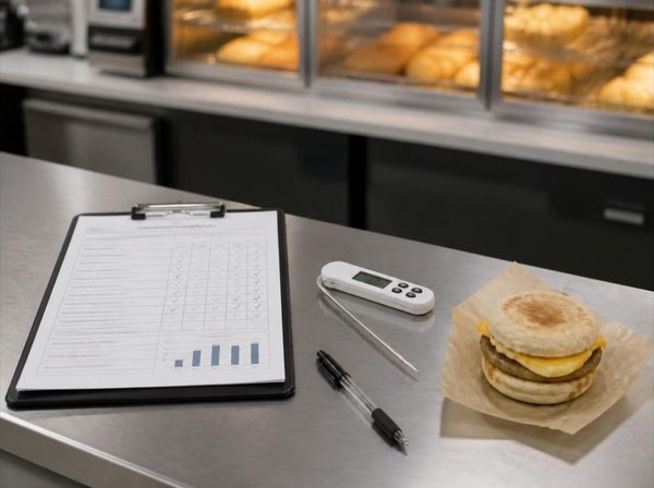 Clipboard with a one-page scorecard of checkmarks and a small bar chart on a stainless steel counter beside a digital probe thermometer, a pen, and a wrapped breakfast sandwich, with a lit bakery case in the background