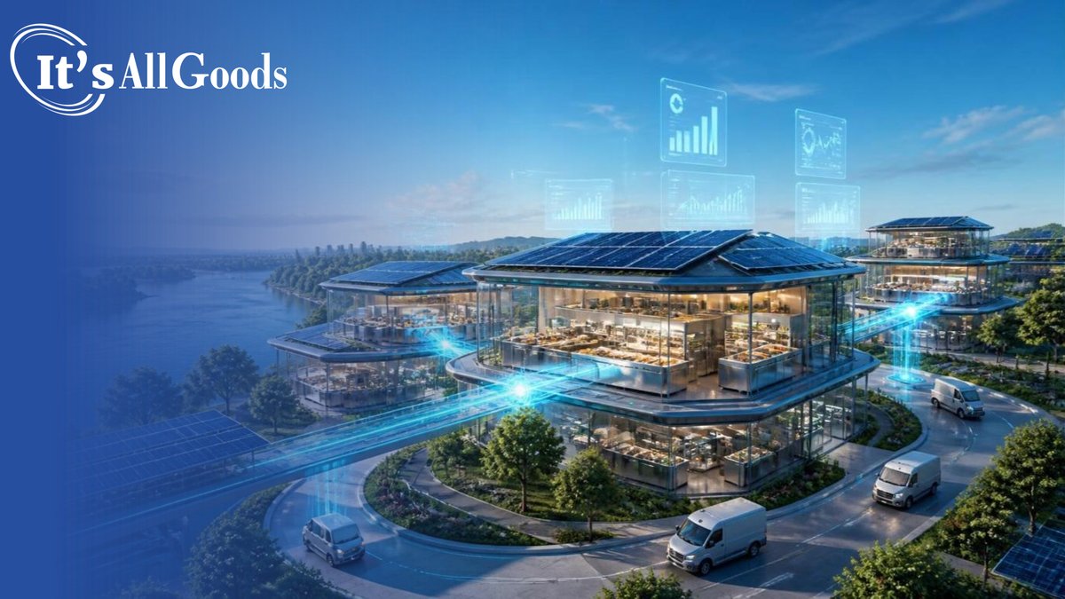 Illustration of a sunlit riverside campus of glass convenience retail pavilions with lit kitchens inside, connected by glowing blue light bridges, with simple data panels above the roofs, solar panels, trees, and delivery vans on curving roads