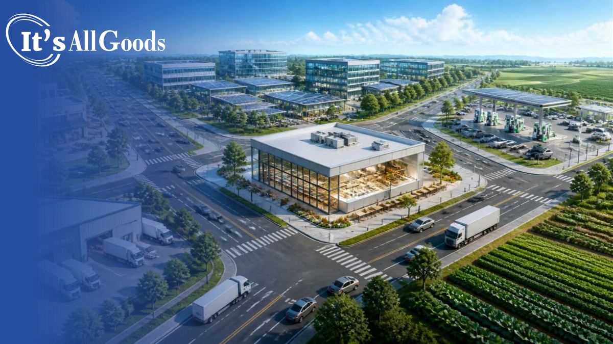 Illustration of a sunlit aerial view of a glass convenience store with an open, lit kitchen at the center of a crossroads, with roads leading from restaurant storefronts, a technology campus with solar roofs, a fuel plaza with EV chargers, a logistics warehouse with delivery trucks, and green farmland